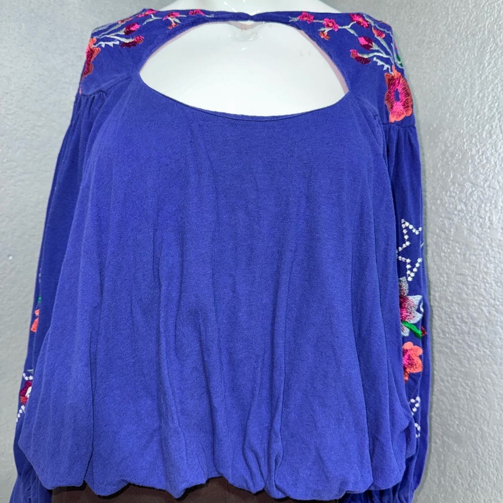 Free People Royal Blue Floral Embroidered Blouse - Picture 7 of 17